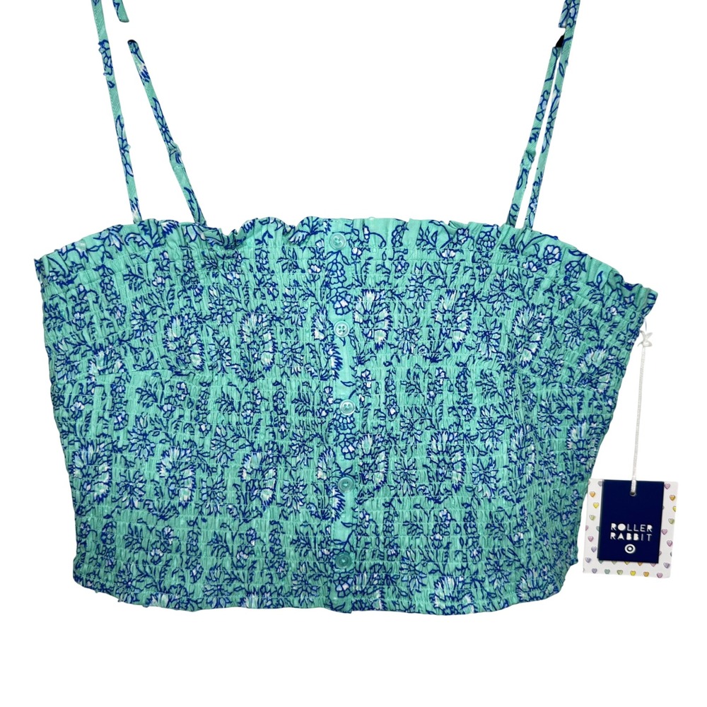 Roller Rabbit Cami Crop Top Womens L Green New Floral Smocked Button Front